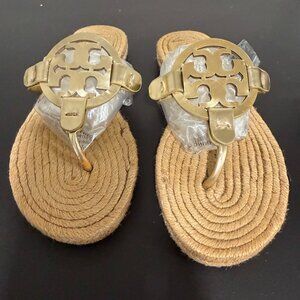 NEW Tory Burch Miller Thong Sandal Gold Metallic Leather SZ 6.5 Flat Espadrille